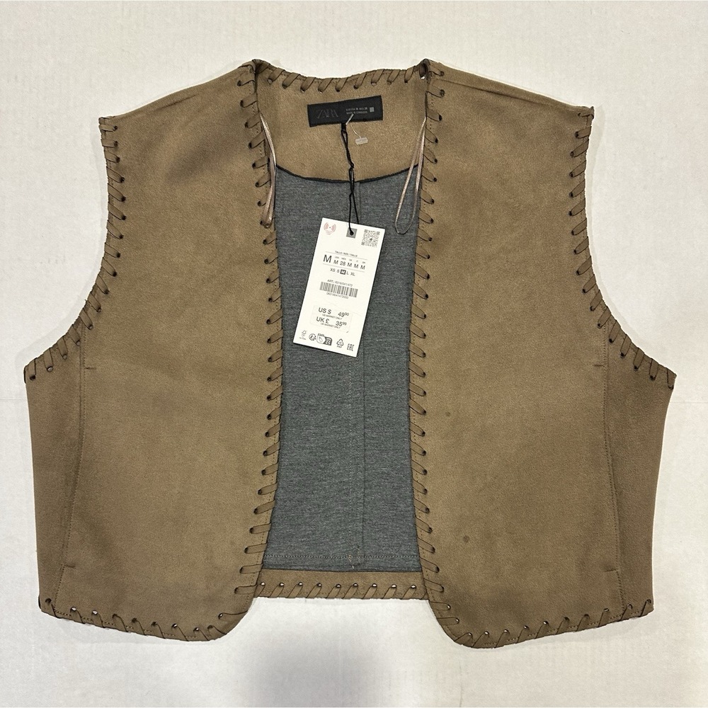 Zara Faux Suede Effect Waist Coat Cowboy Vest Detail Brown Women's Medium